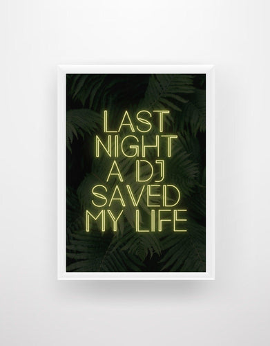 Last Night a DJ Saved My Life - Neon Sign Lyrics Quote Print - Chic Prints