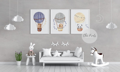 Hot Air Balloon Animals - Set of 3 Prints - Chic Prints