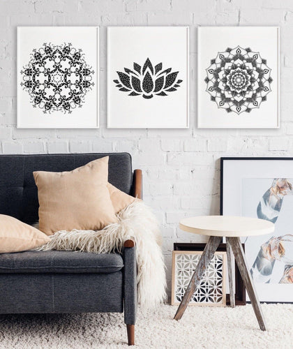 Mandala wall prints - Set of 3 prints, framed prints, Wall art, home decor, home accessories print, damask, mandala, lotus, black and white-Chic Prints