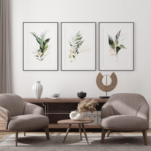 Set of three gold, white and green leaves - Botanical prints - Chic Prints