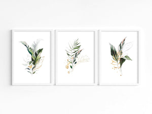 Set of three gold, white and green leaves - Botanical prints - Chic Prints